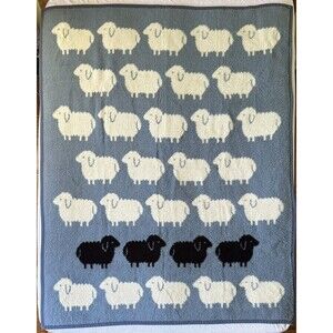 Vintage Vuteks Crown Crafts Reversible Sheep Blanket Acrylic - Black Cream Blue